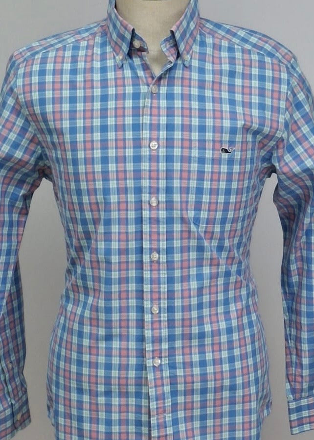 Camisa de botones Vineyard Vines 🐳 de cuadros en color rosado magenta, azul, verde y blanco Talla M Entalle Slim Fit