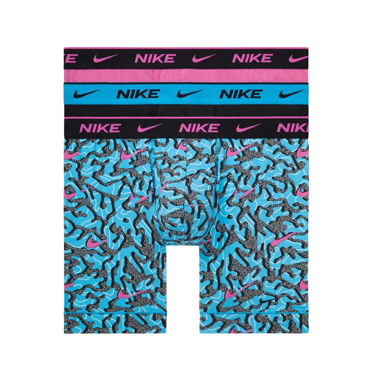 Paquete de 3 Calzoncillos tipo Boxer Nike Dri-Fit Essential Cotton Stretch - Tela dry-fit en color negro, turquesa y rosado Talla XL