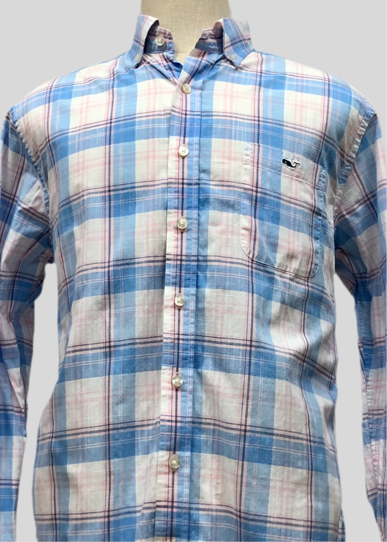 Camisa de botones Vineyard Vines 🐳 color blanco de cuadros en color celeste y rosado Talla L Entalle Slim Fit (ver descripción)