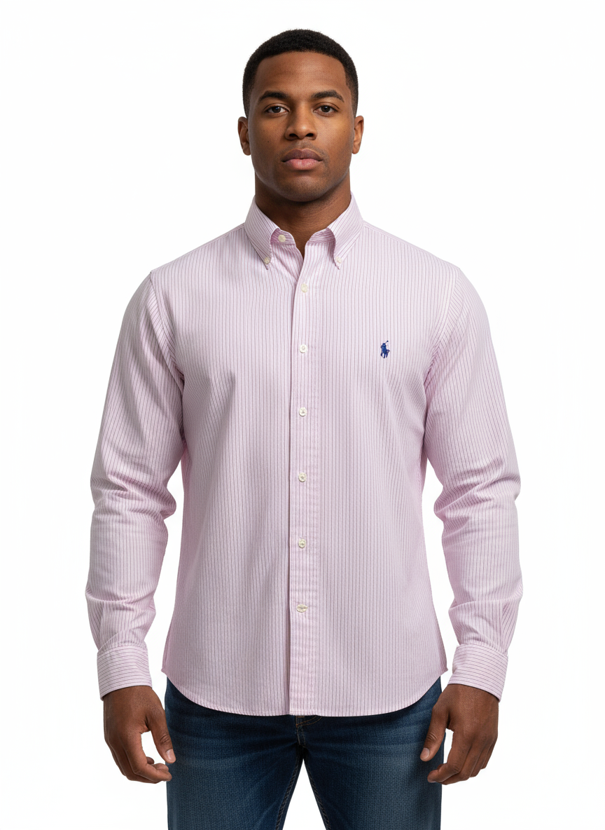 Camisa de botones Polo Ralph Lauren 🏇🏼 de rayas en color rosado claro, blanco y azul navy Talla XL Entalle Regular (ver descripción)