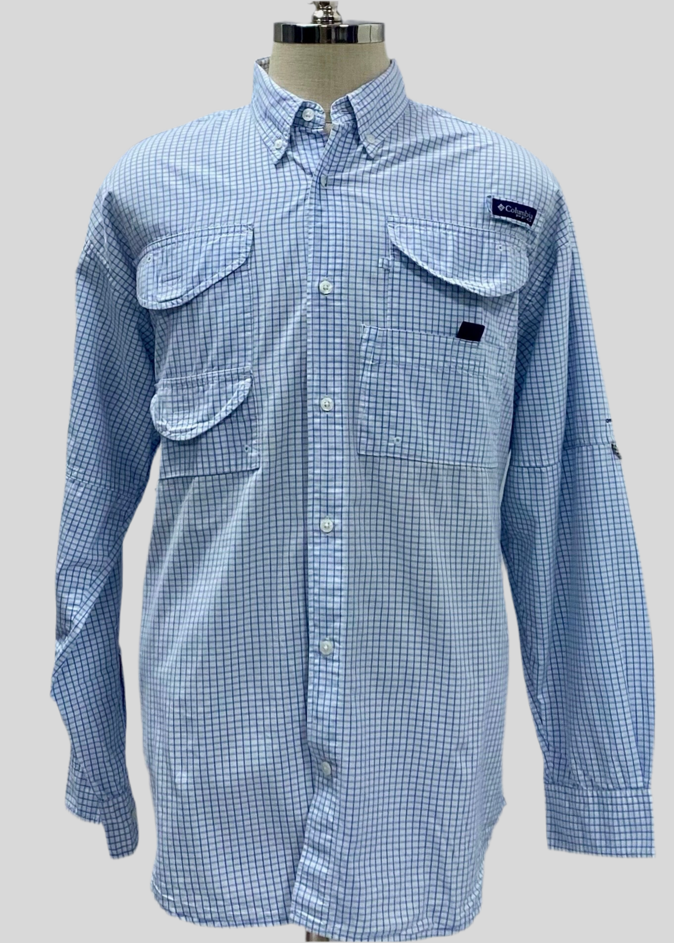 Camisa Columbia 🔹 Modelo Super Bonehead con patrón de cuadros en celeste y blanco Manga larga Talla L (ver descripción)