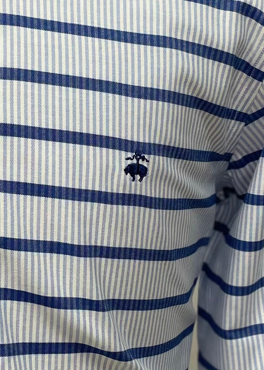 Camisa Brooks Brothers 🐑 color blanco con rayas en azul Talla M Entalle Regular