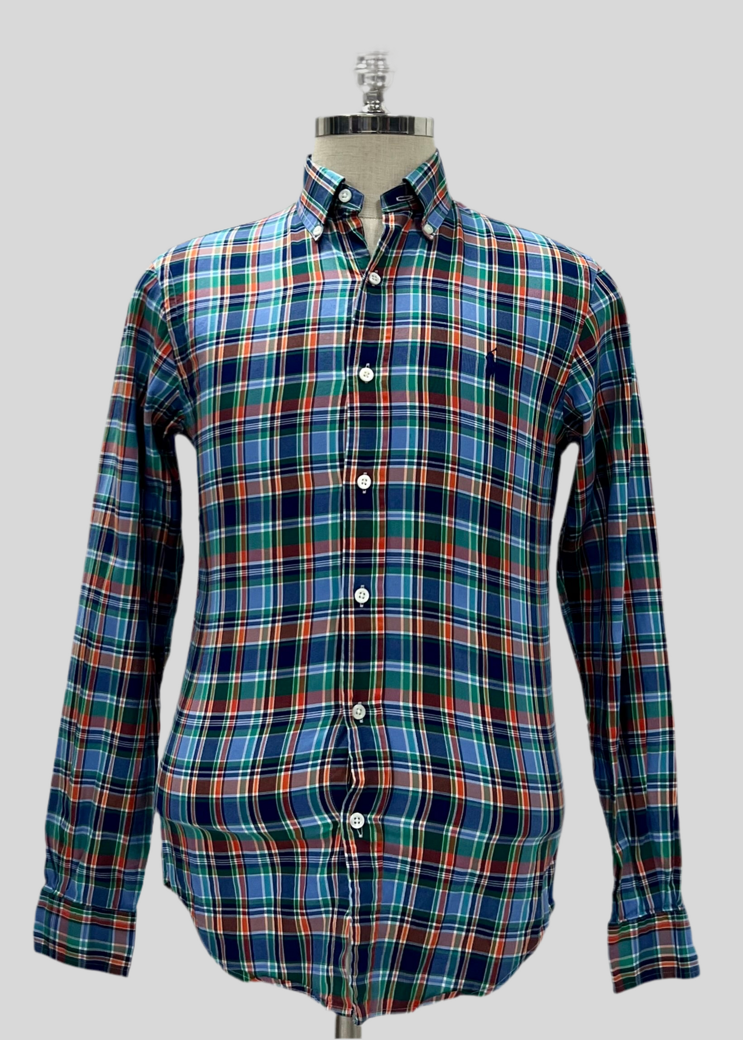 Camisa Polo Ralph Lauren 🏇🏼 con patrón de cuadros en color celeste, azul, verde y naranja Talla S entalle Slim Fit