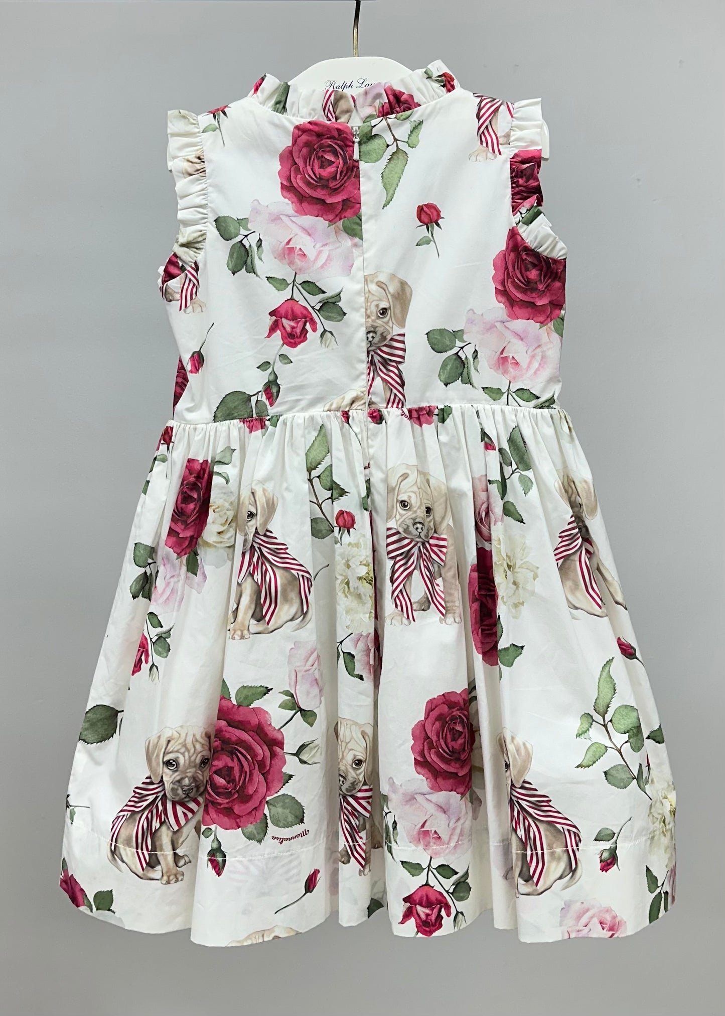 Vestido italiano de niña Monnalisa🎀 blanco con estampado de rosas y cachorros Talla 5