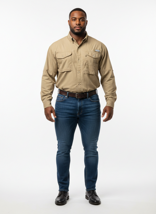 Camisa Columbia 🔹 Modelo Super Bonehead color kaki oscuro Manga larga Talla L