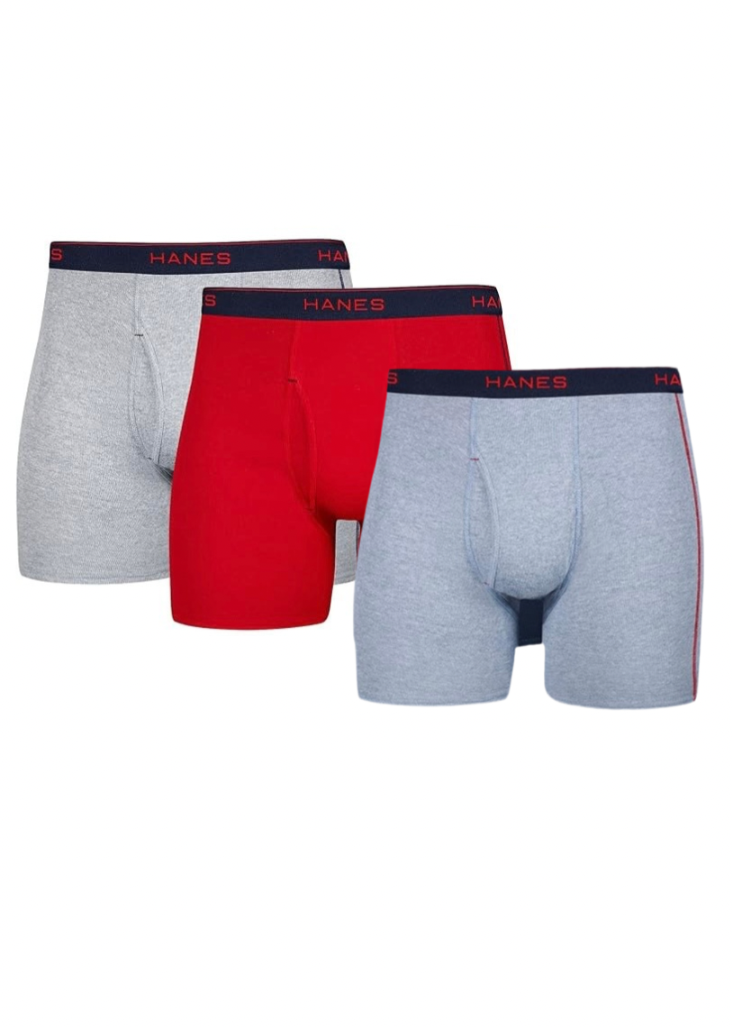 Paquete de 3 Calzoncillos tipo Boxer Hanes de Tela soft en color rojo, gris y celeste - en Talla XL