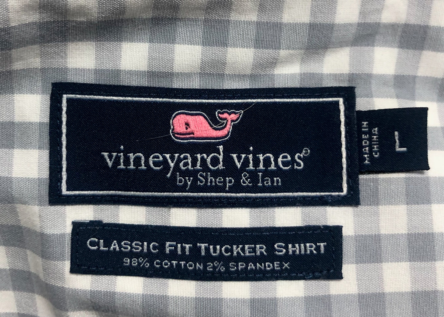 Camisa de botones Vineyard Vines 🐳 de cuadros gingham grandes en color gris y blanco Talla L Entalle Clásico