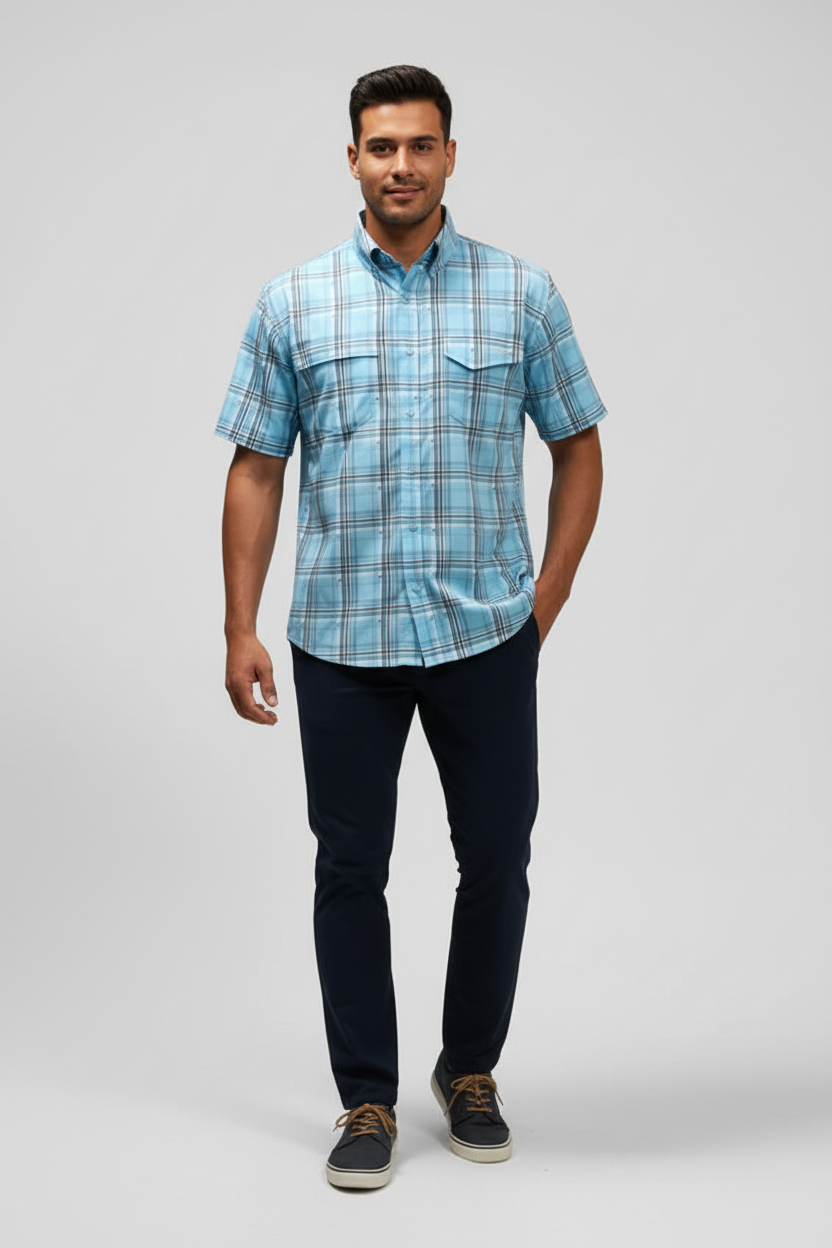 Camisa de botones Huk 🐠 de cuadros en celeste, negro y blanco Manga corta Talla L