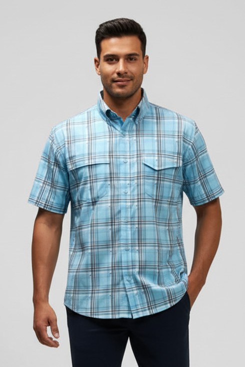 Camisa de botones Huk 🐠 de cuadros en celeste, negro y blanco Manga corta Talla L
