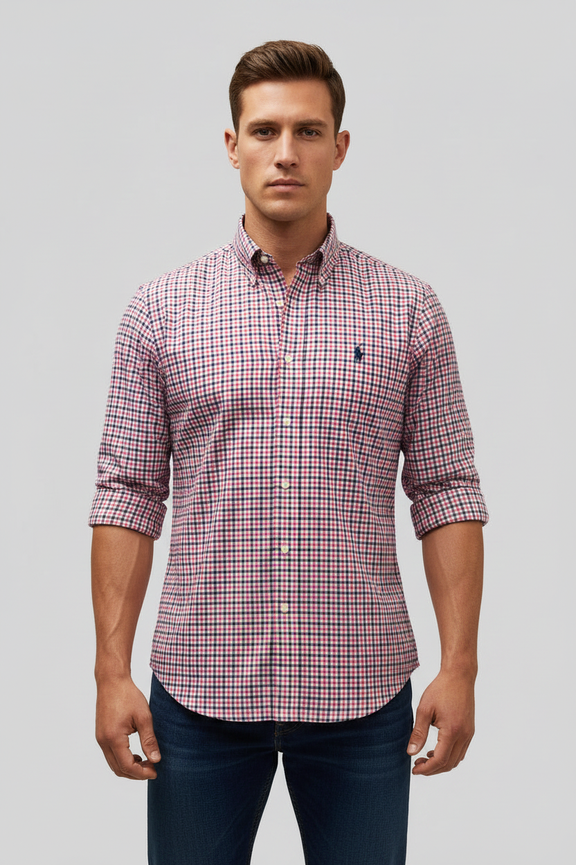 Camisa Polo Ralph Lauren 🏇🏼 color blanco con patrón de cuadros rojo y negro Talla L Entalle Regular