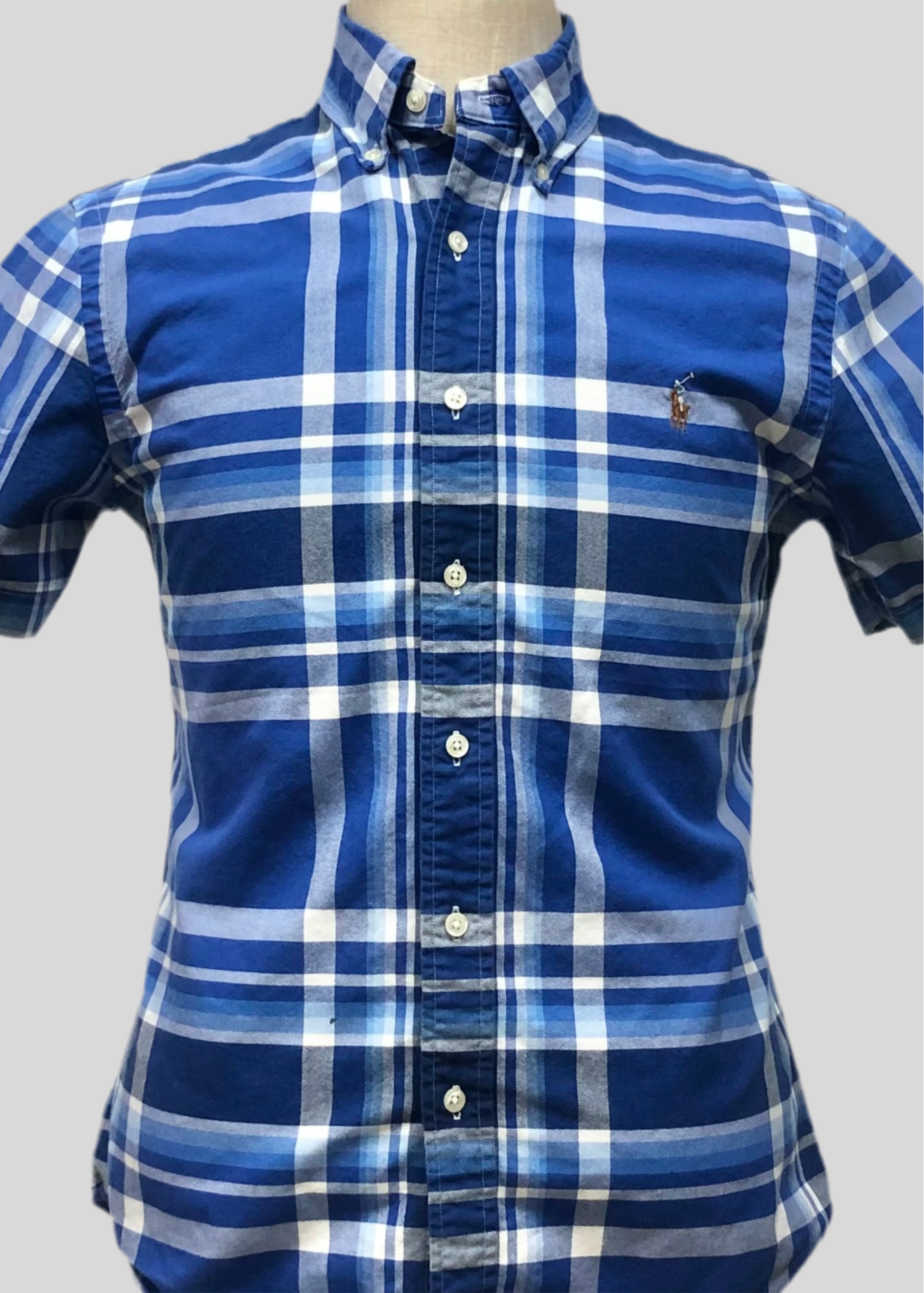 Camisa Polo Ralph Lauren 🏇🏼 Oxford con patron de cuadros tartán azul, celeste y blanco Talla M Entalle Slim Fit