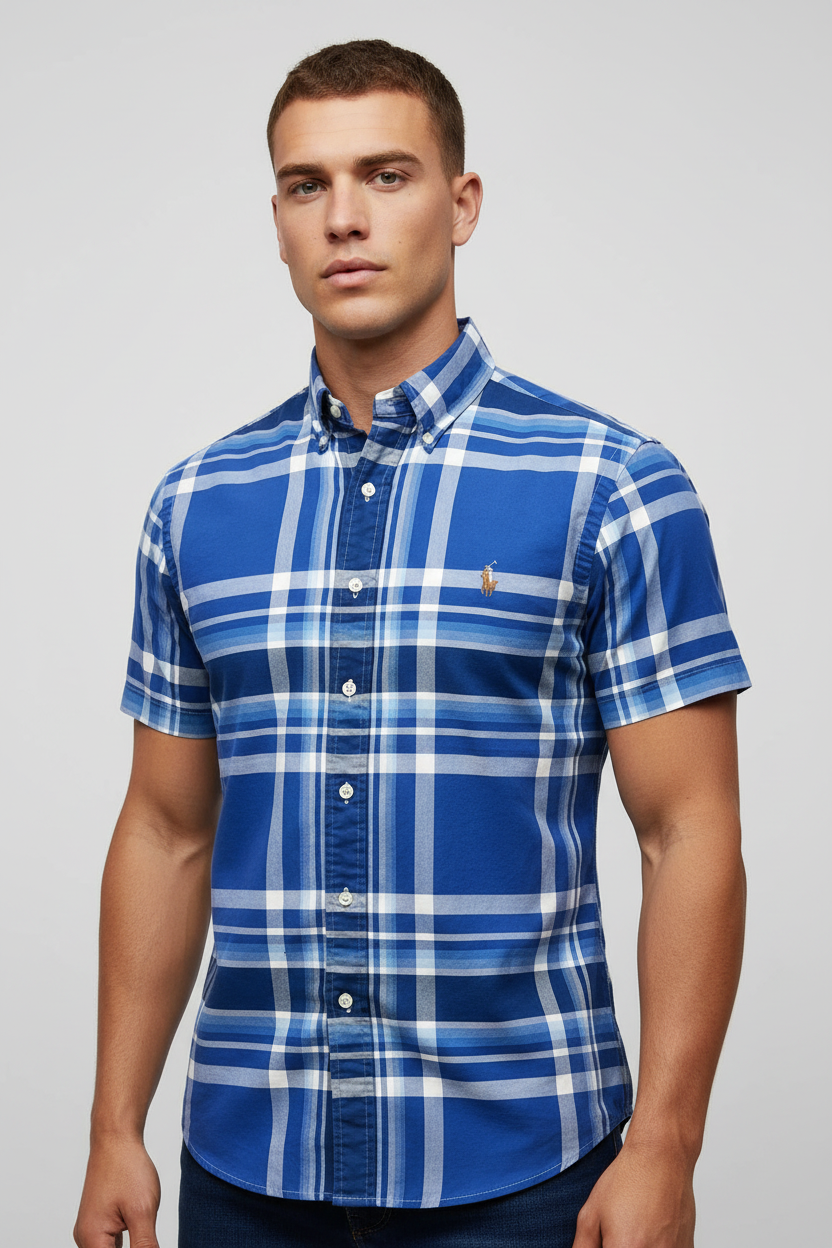 Camisa Polo Ralph Lauren 🏇🏼 Oxford con patron de cuadros tartán azul, celeste y blanco Talla M Entalle Slim Fit