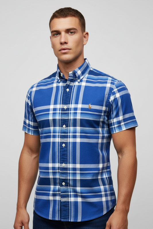 Camisa Polo Ralph Lauren 🏇🏼 Oxford con patron de cuadros tartán azul, celeste y blanco Talla M Entalle Slim Fit