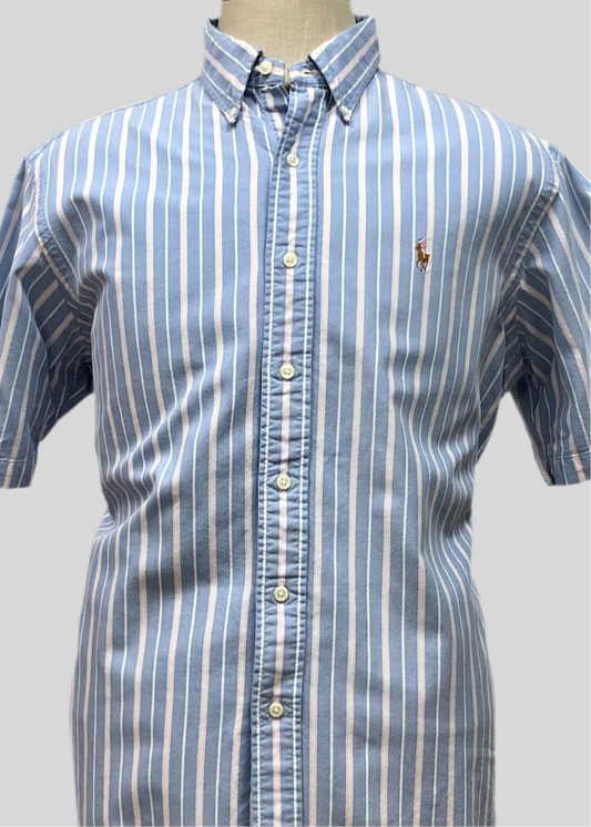 Camisa Polo Ralph Lauren 🏇🏼 Oxford con patron de rayas en color celeste, rosado y blanco Talla L Entalle Regular