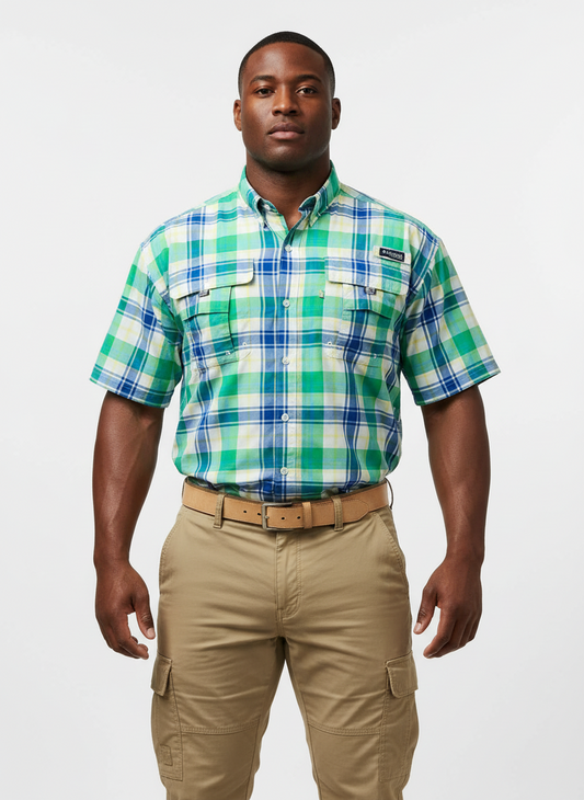 Camisa Columbia 🔹Super Bahama Color blanco con patrón de cuadros en azul y verde Manga corta Talla XL