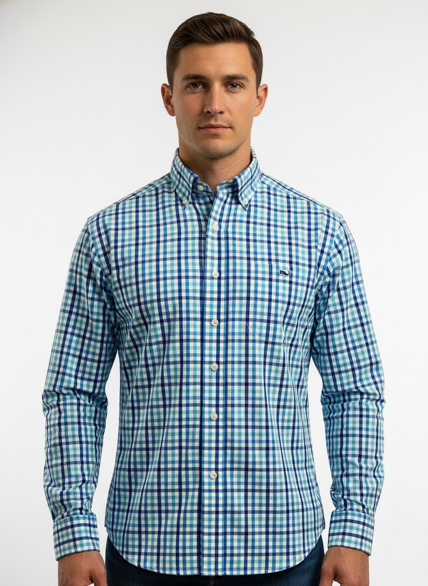 Camisa de botones Vineyard Vines 🐳 color blanco de cuadros en celeste y azul navy Talla S Entalle Clásico