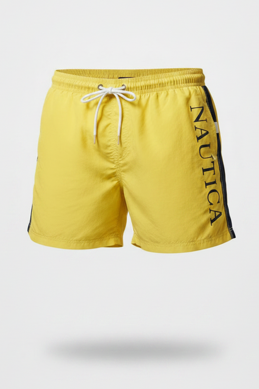 Short de baño Nautica ⚓️ color amarillo con franjas en color azul navy y blanco y logo en color azul navy talla M