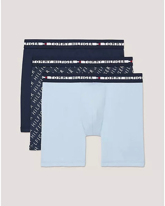 Paquete de 3 Boxer Briefs Tommy Hilfiger 🇺🇸 TH Comfort+ Tela Microfibra color azul, negro y celeste Talla S