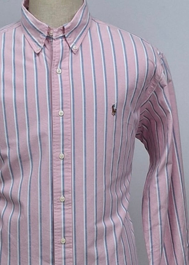 Camisa Polo Ralph Lauren 🏇🏼 Oxford color rosado con rayas en color celeste y blanco Talla XL Entalle Clásico