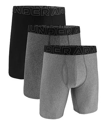 Combo de 3 Boxers Briefs Under Armour 🏋🏽 Tela Performance Tech de 9” de largo color negro, gris claro y oscuro Talla M