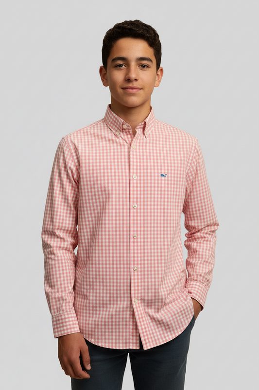 Camisa de niño Vineyard Vines 🐳 con patrón de cuadros en color rosado y blanco Talla L Entalle Regular