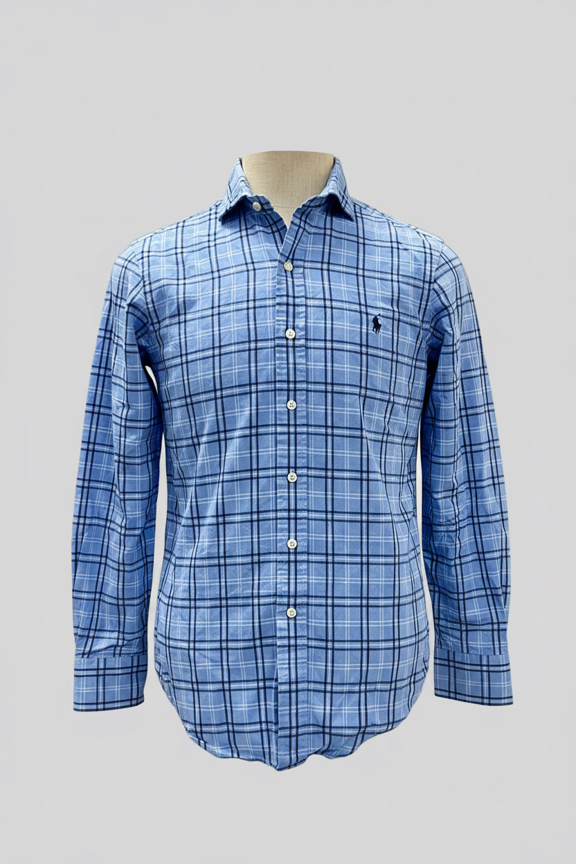 Camisa Polo Ralph Lauren 🏇🏼 color celeste de cuadros azul navy Talla S Entalle Clásico