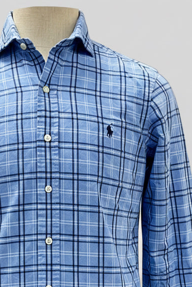 Camisa Polo Ralph Lauren 🏇🏼 color celeste de cuadros azul navy Talla S Entalle Clásico