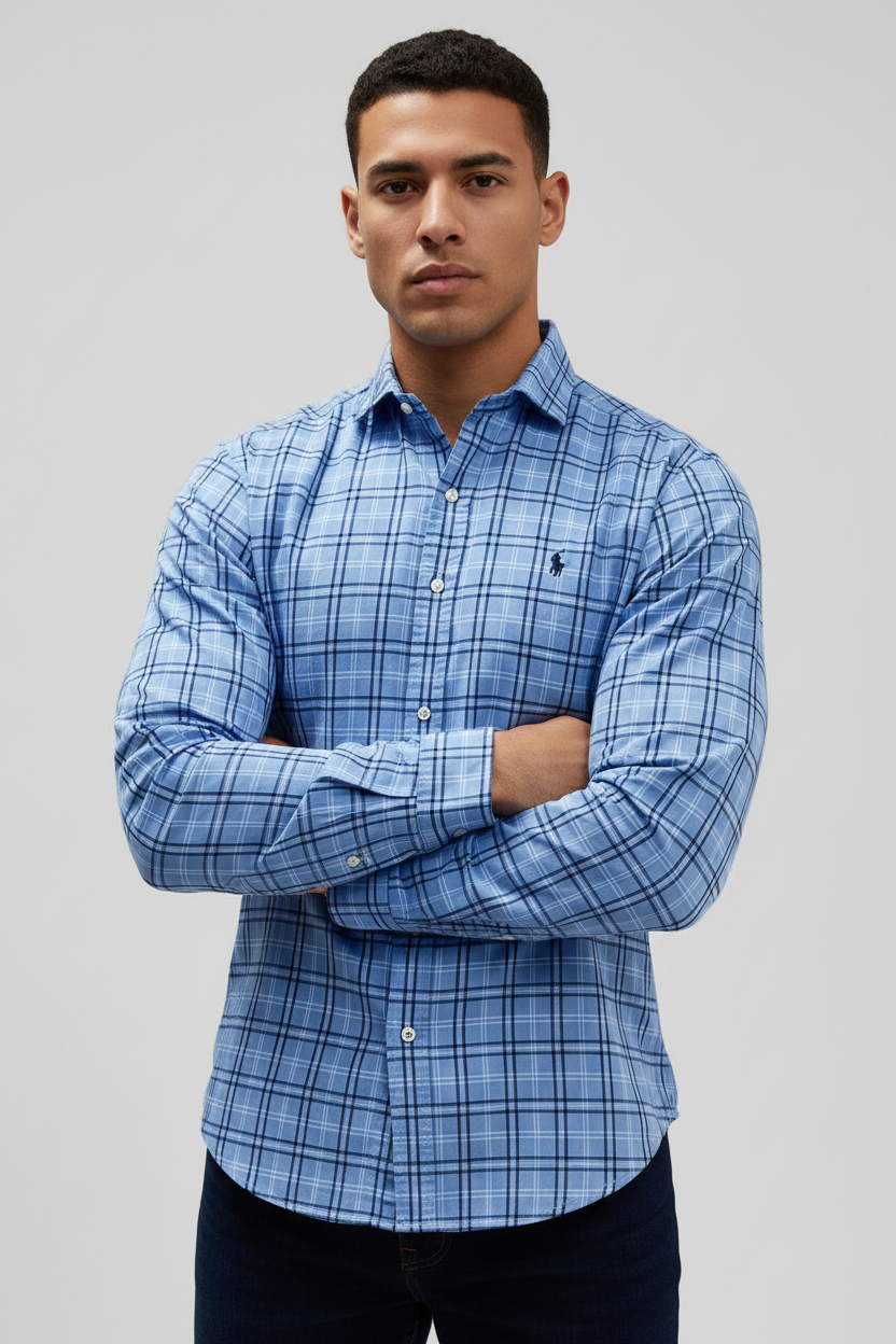 Camisa Polo Ralph Lauren 🏇🏼 color celeste de cuadros azul navy Talla S Entalle Clásico