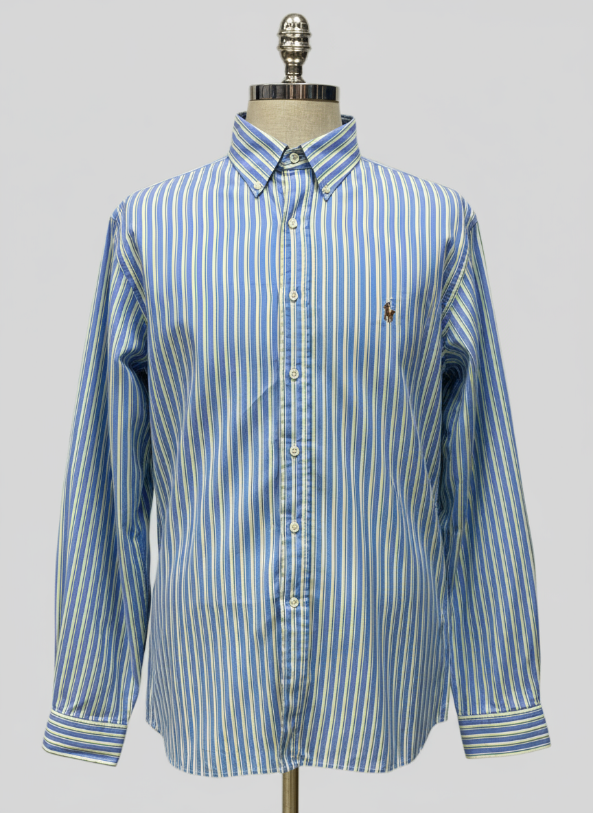 Camisa Polo Ralph Lauren 🏇🏼 color celeste con patron de rayas en color amarillo y verde Talla XL Entalle Regular