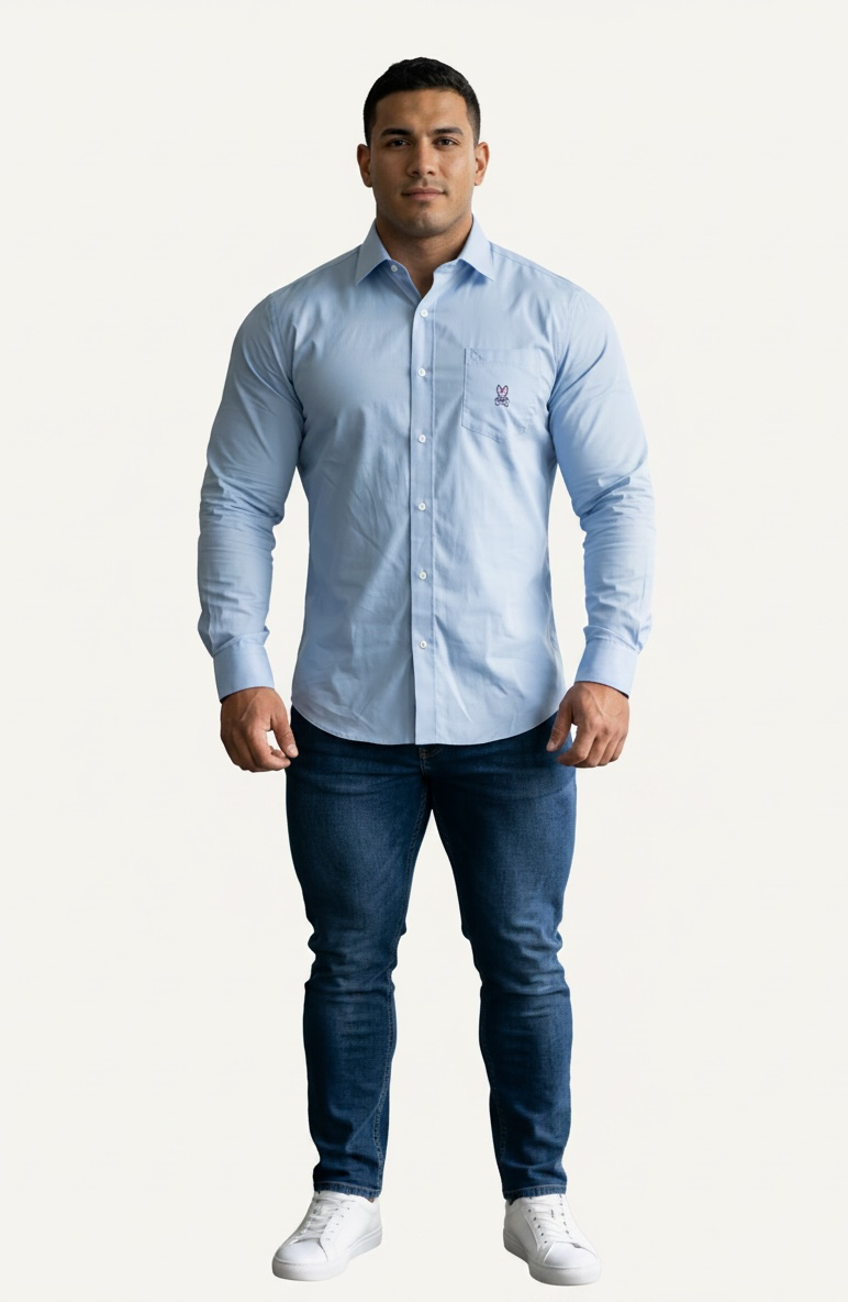 Camisa de botones Psycho Bunny 🐰  Color celeste claro con logo tradicional Talla L Entalle Regular