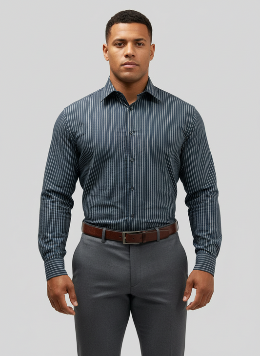 Camisa de botones Hugo Boss 🇩🇪 con patron de rayas en negro y blanco Talla L Entalle Regular