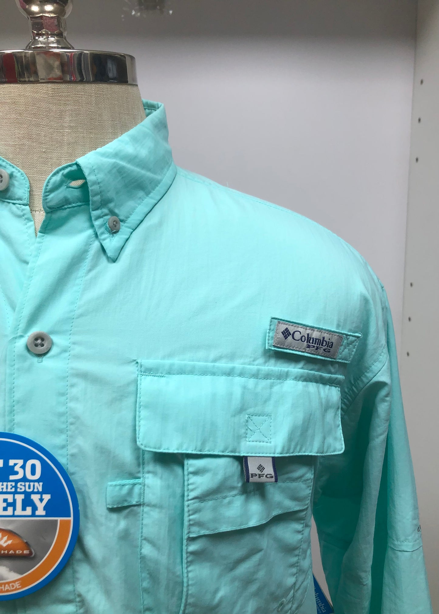 Camisa Columbia 🔹Bahama II color turquesa claro con Omni Shade Manga larga Talla S