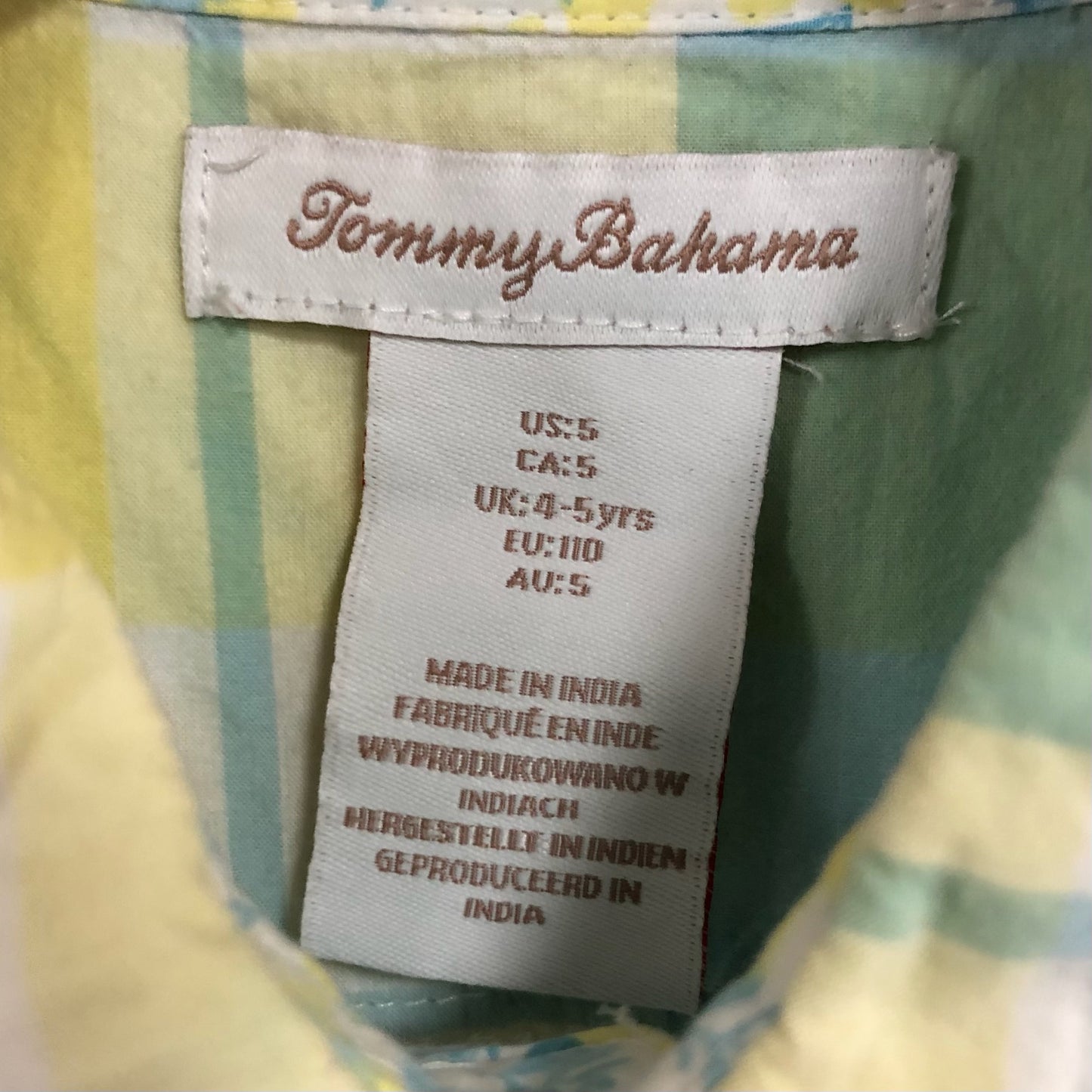Camisa de niño Tommy Bahama 🌴 con patron de cuadros en celeste, amarillo y blanco Talla 4-5 Entalle Regular