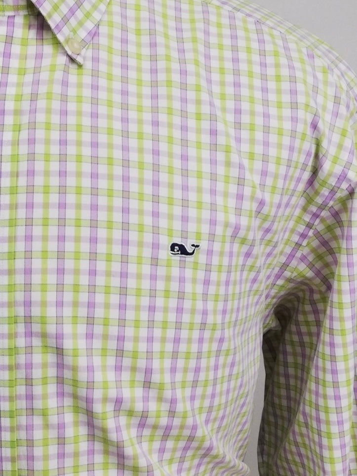 Camisa de botones Vineyard Vines 🐳 colon patrón de cuadros en color verde claro, morado y blanco Talla XL Entalle Regular