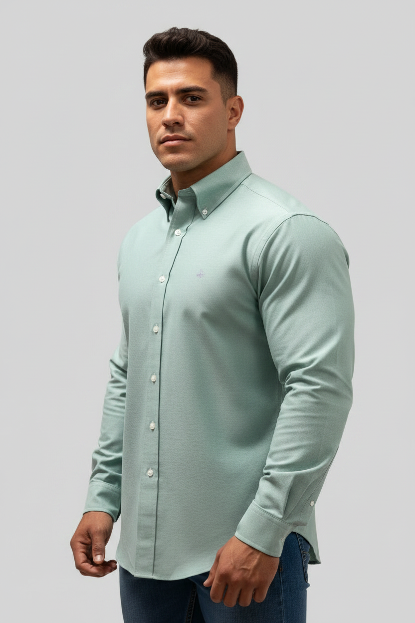 Camisa de botones Brooks Brothers 🐑 color verde claro tornasol Talla L Entalle Regular