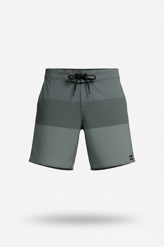 Short de baño Billabong 🏄🏽‍♂️ con diseño de rayas en color gris claro y gris oscuro con logo en color negro Talla L (34)