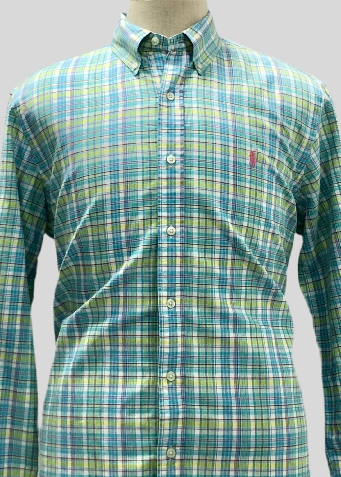 Camisa Polo Ralph Lauren 🏇🏼 Oxford de cuadros tartán celeste, verde y blanco Talla L Entalle Regular