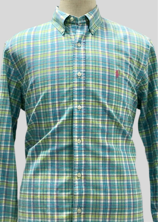 Camisa Polo Ralph Lauren 🏇🏼 Oxford de cuadros tartán celeste, verde y blanco Talla L Entalle Regular