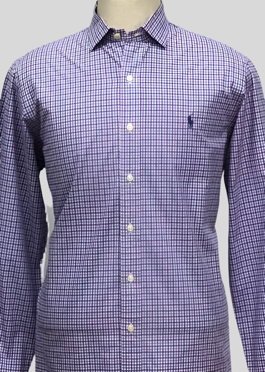 Camisa Polo Ralph Lauren 🏇🏼 color blanco con cuadros morado y azul Talla L Entalle Regular