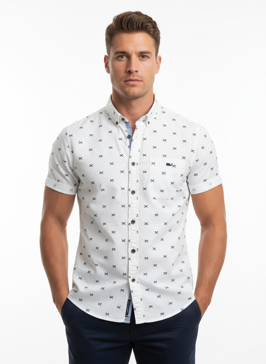 Camisa de botones Vineyard Vines 🐳 color blanco con diseño de X en color azul navy Talla S Entalle Regular