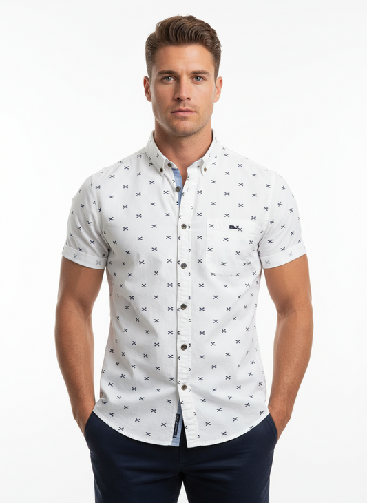 Camisa de botones Vineyard Vines 🐳 color blanco con diseño de X en color azul navy Talla S Entalle Regular