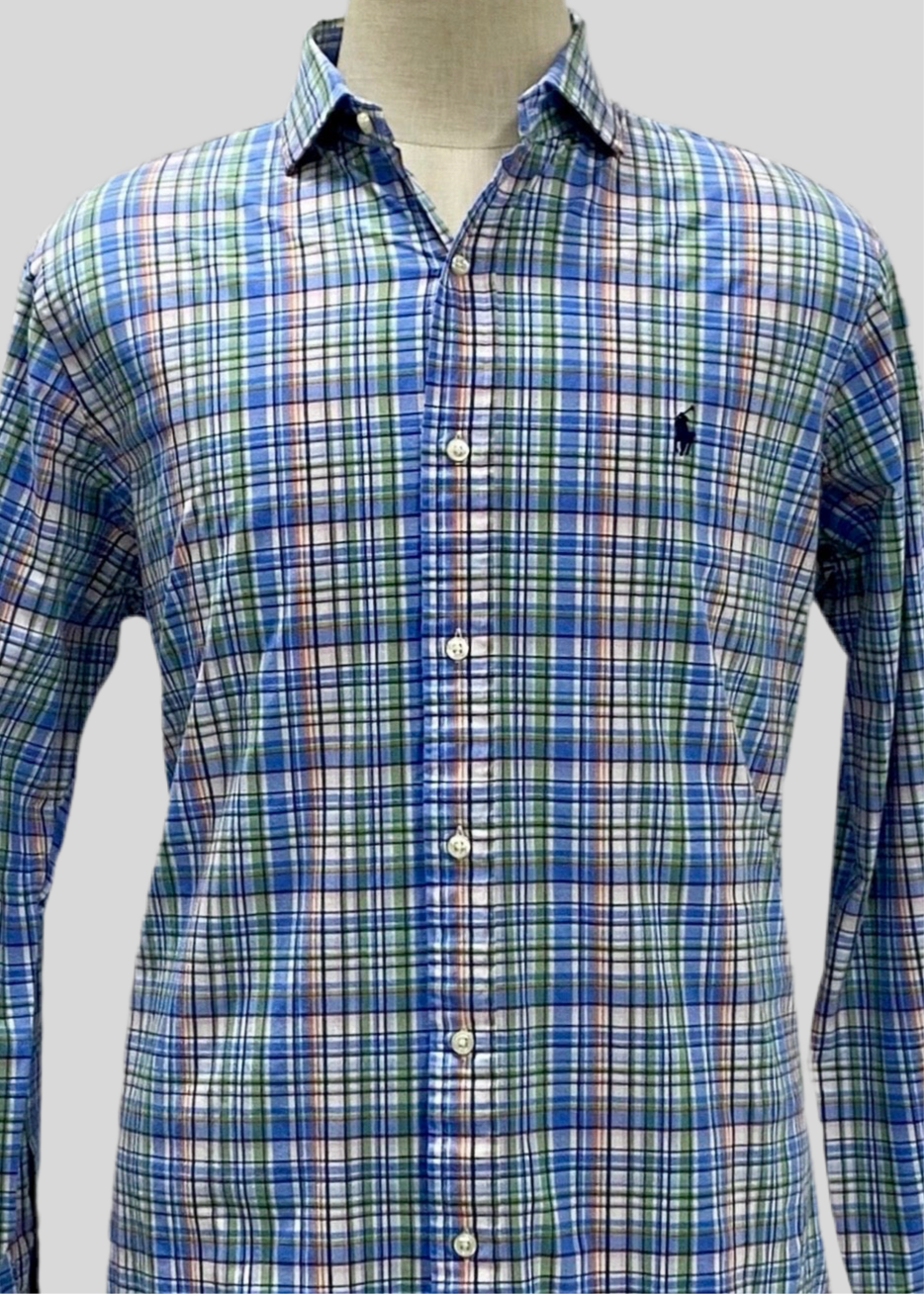 Camisa Polo Ralph Lauren 🏇🏼 con patrón de cuadros celeste, verde, naranja y blanco Talla L Entalle Clásico