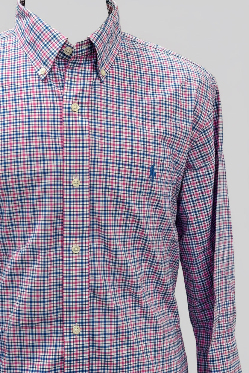 Camisa Polo Ralph Lauren 🏇🏼 color blanco con patron de cuadros en azul y rosado Talla XL Entalle Clásico