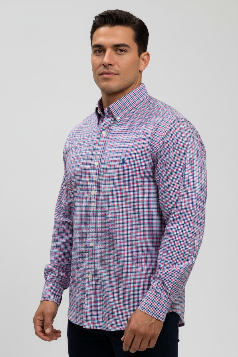 Camisa Polo Ralph Lauren 🏇🏼 color blanco con patron de cuadros en azul y rosado Talla XL Entalle Clásico
