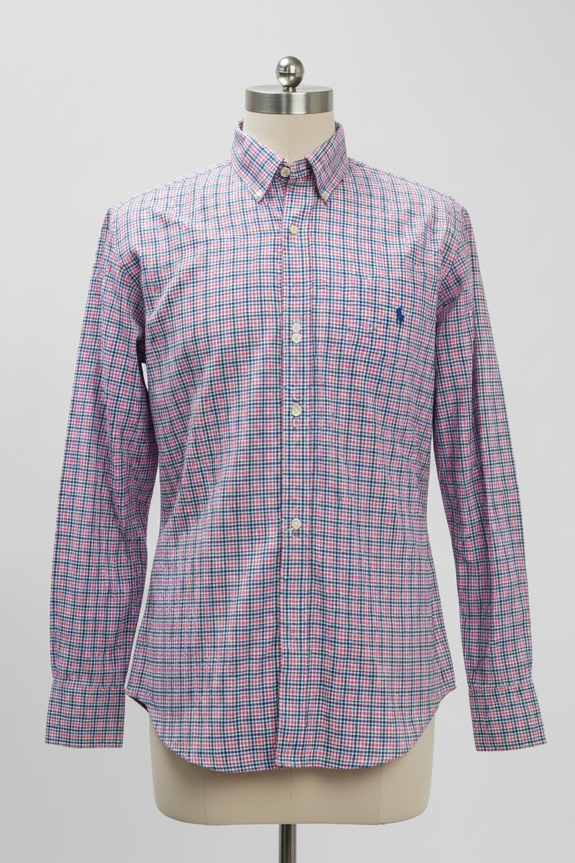 Camisa Polo Ralph Lauren 🏇🏼 color blanco con patron de cuadros en azul y rosado Talla XL Entalle Clásico