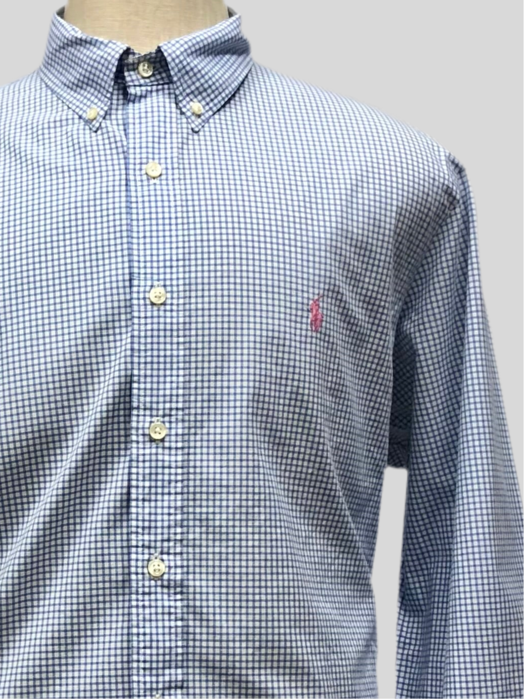 Camisa Polo Ralph Lauren 🏇🏼 color blanco con patron de cuadros en celeste Talla XL Entalle Regular