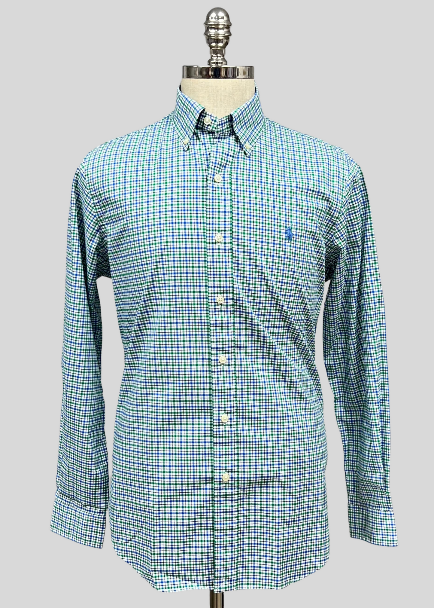 Camisa Polo Ralph Lauren 🏇🏼 color blanco con patrón de cuadros gingham azul y verde Entalle Regular S