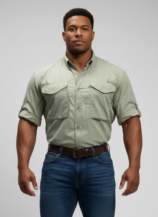 Camisa de botones Columbia 🔹color Kaki con Omni Shade Manga corta Talla XL