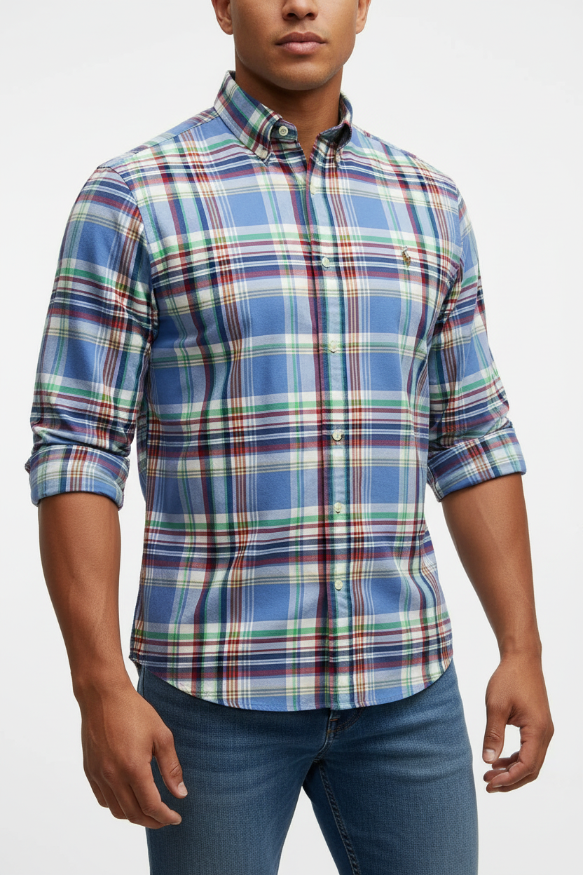 Camisa Polo Ralph Lauren 🏇🏼 Oxford de cuadros tartán celeste, amarillo, verde, rojo y blanco Talla M Entalle Clásico