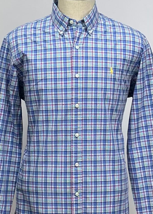 Camisa Polo Ralph Lauren 🏇🏼 con patrón de cuadros tartán azul, celeste y rosado Talla L Entalle Regular